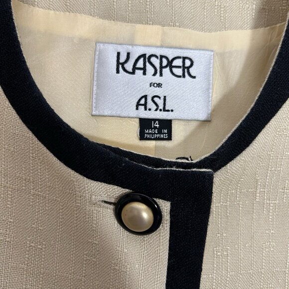 Vtg Kasper For ASL 2pc Skirt Suit Tan Black Short Sleeve Pleated Front Lined 14 - Picture 4 of 9